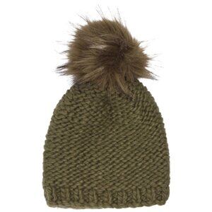 Macy's Women's Faux Fur Pom Reverse Jersey Knit Beanie Cozy Olive One Size NWT